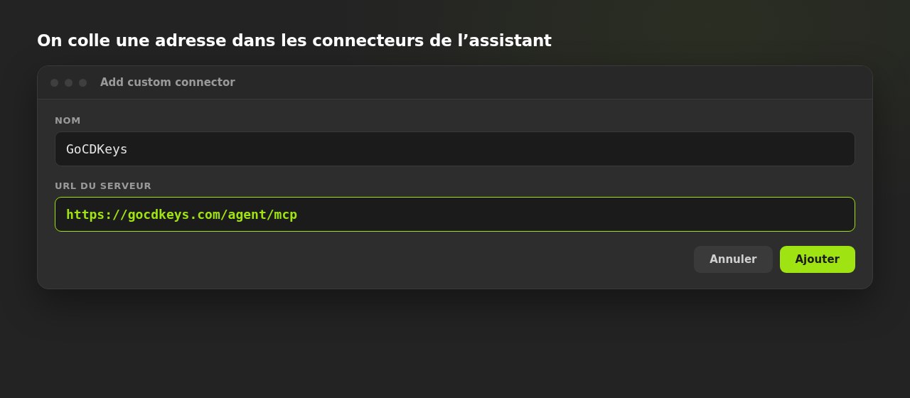 Fenêtre « Add custom connector » d'un assistant IA, avec GoCDKeys dans le champ du nom et l'adresse du serveur renseignée