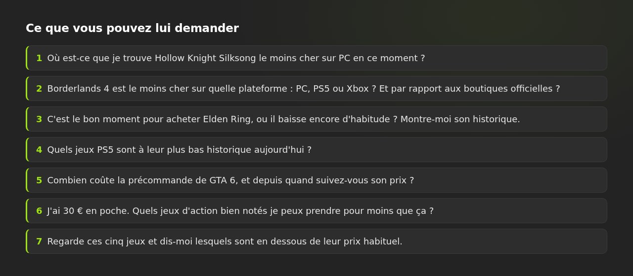 Sept questions d'exemple numérotées à poser à l'assistant sur les prix des jeux vidéo