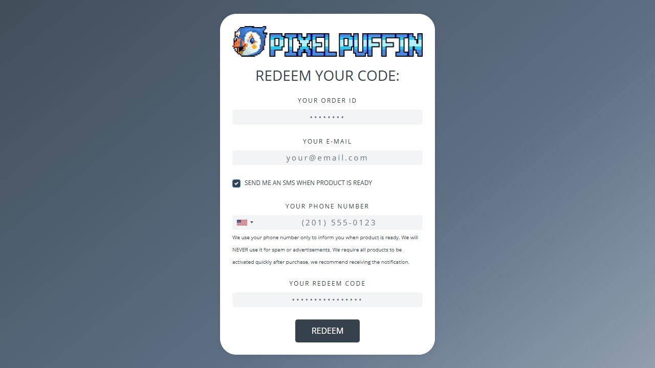 Formulaire d'échange Pixelpuffin avec numéro de commande, e-mail et code