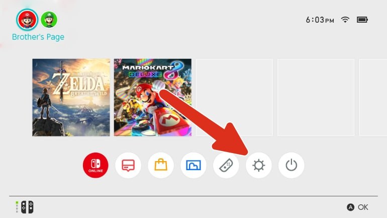 Menu principal de la Nintendo Switch avec l'icône des paramètres mise en avant