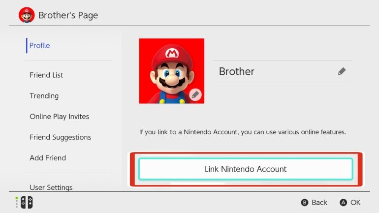 Écran de profil Switch avec le bouton Lier un compte Nintendo mis en avant