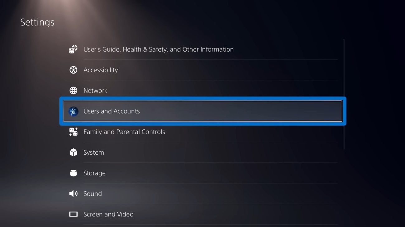 Menu des paramètres PS5 avec Utilisateurs et comptes mis en avant