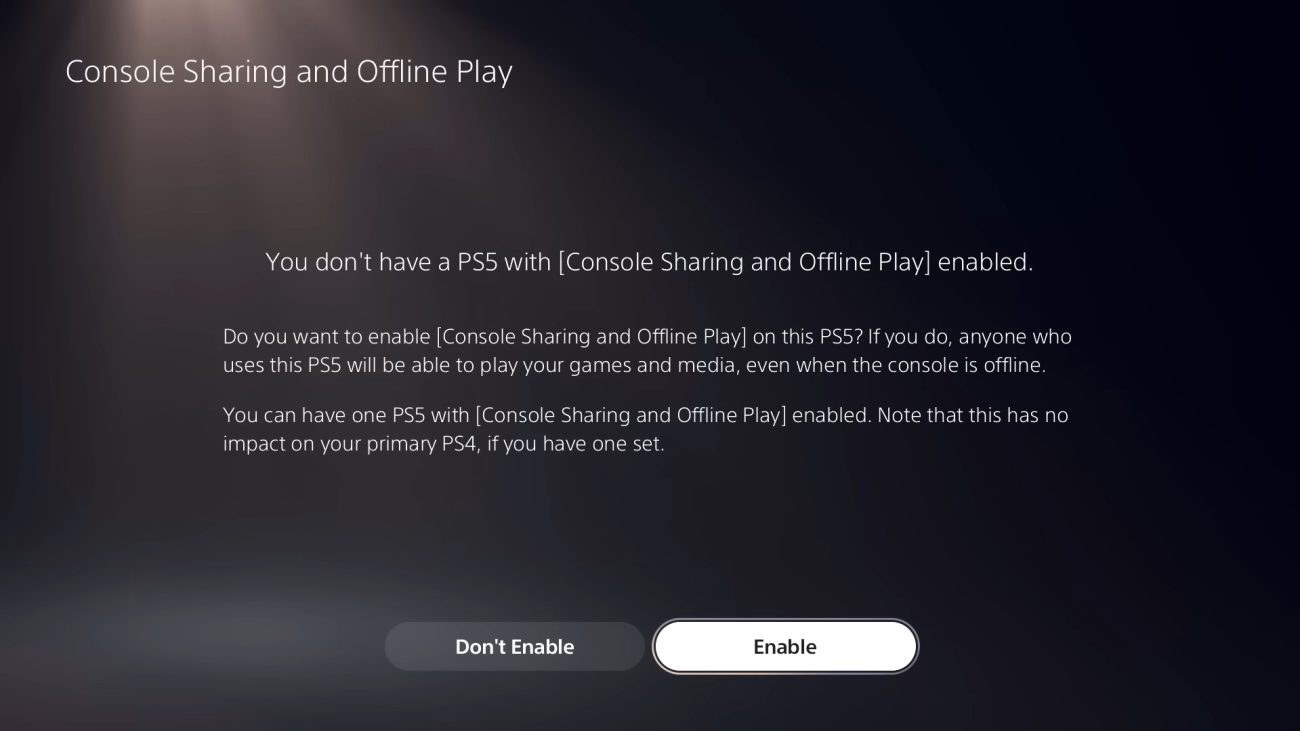 Bouton Activer du partage de console et jeu hors ligne