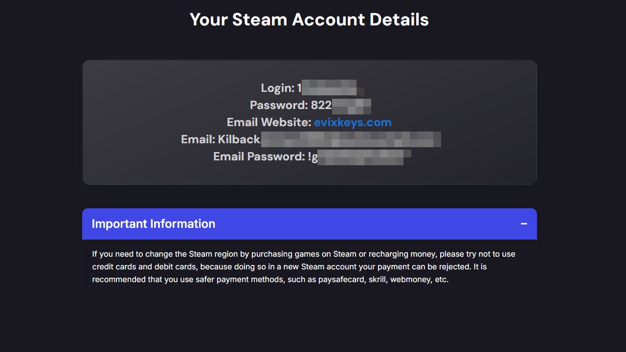 Page Cdkeymart avec les informations du nouveau compte