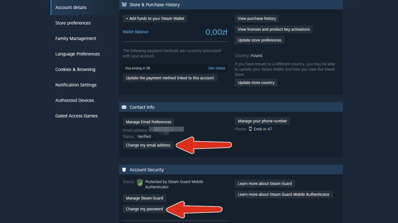 Paramètres du compte Steam avec changement d'e-mail et de mot de passe mis en avant