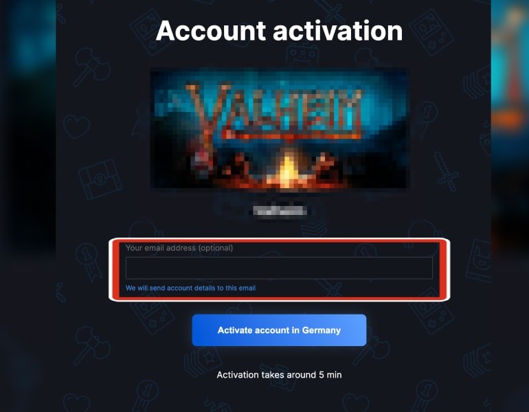 Page d'activation du compte Steam avec champ e-mail facultatif