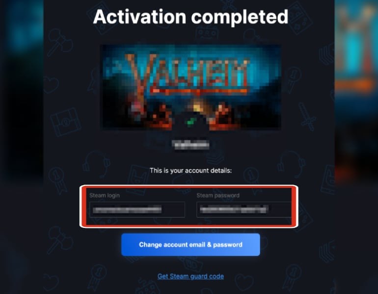 Écran d'activation terminée avec identifiant et mot de passe Steam